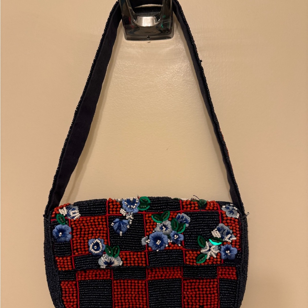 Anthropologie Floral Beaded Shoulder Bag - Black and Red